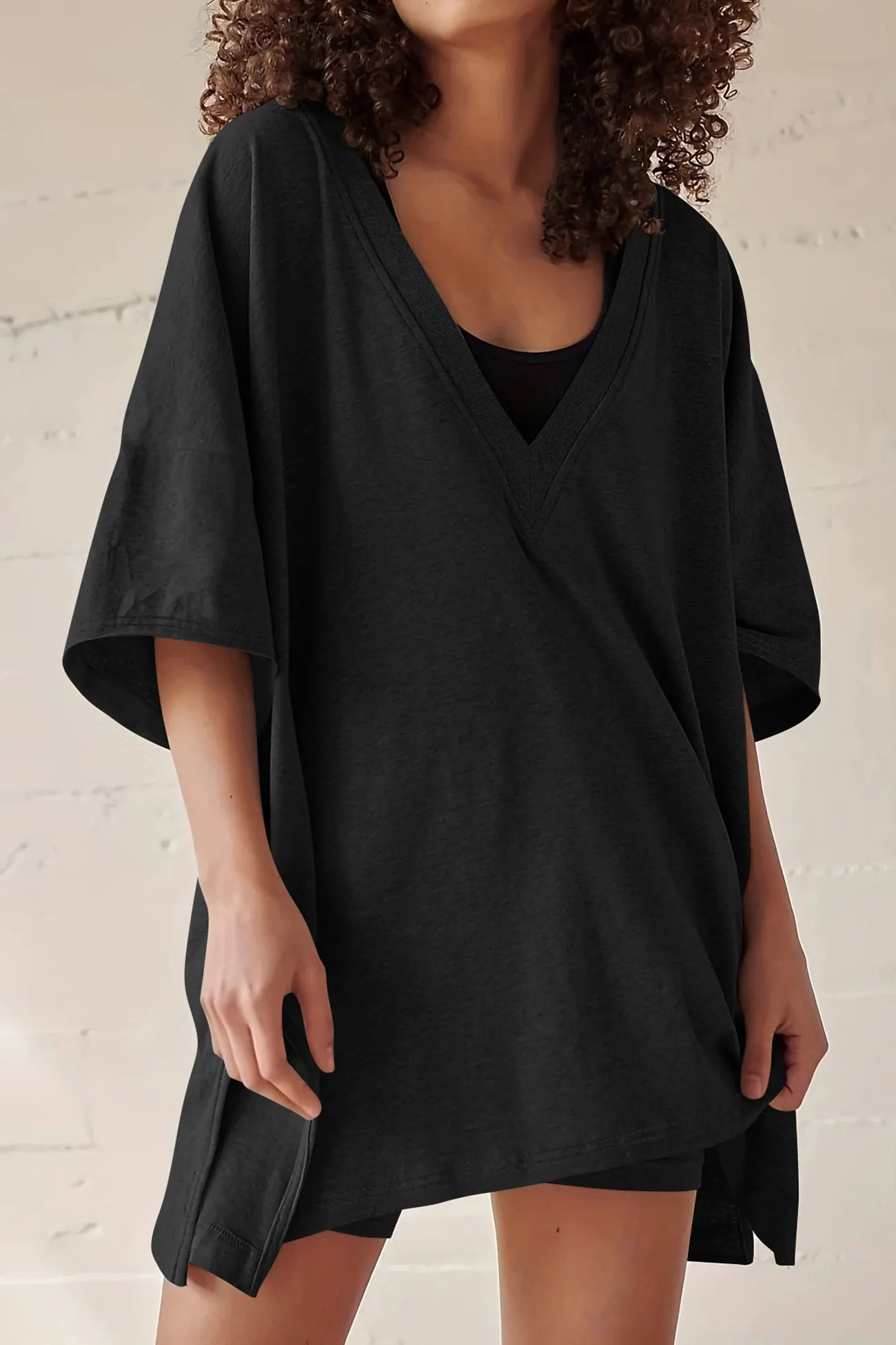 Maxct V Neck Side Slit T-shirt Bodycon Shorts Set