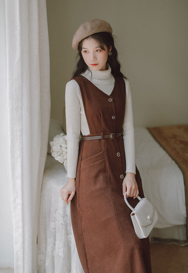 Button Up Suede Pinafore Dress Maxct