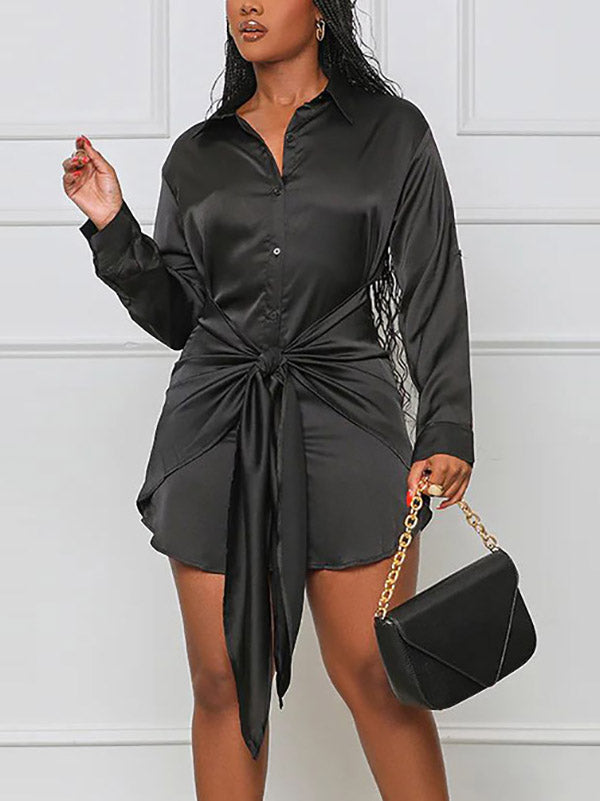 Satin Tie Waist Shirts Dress Maxct
