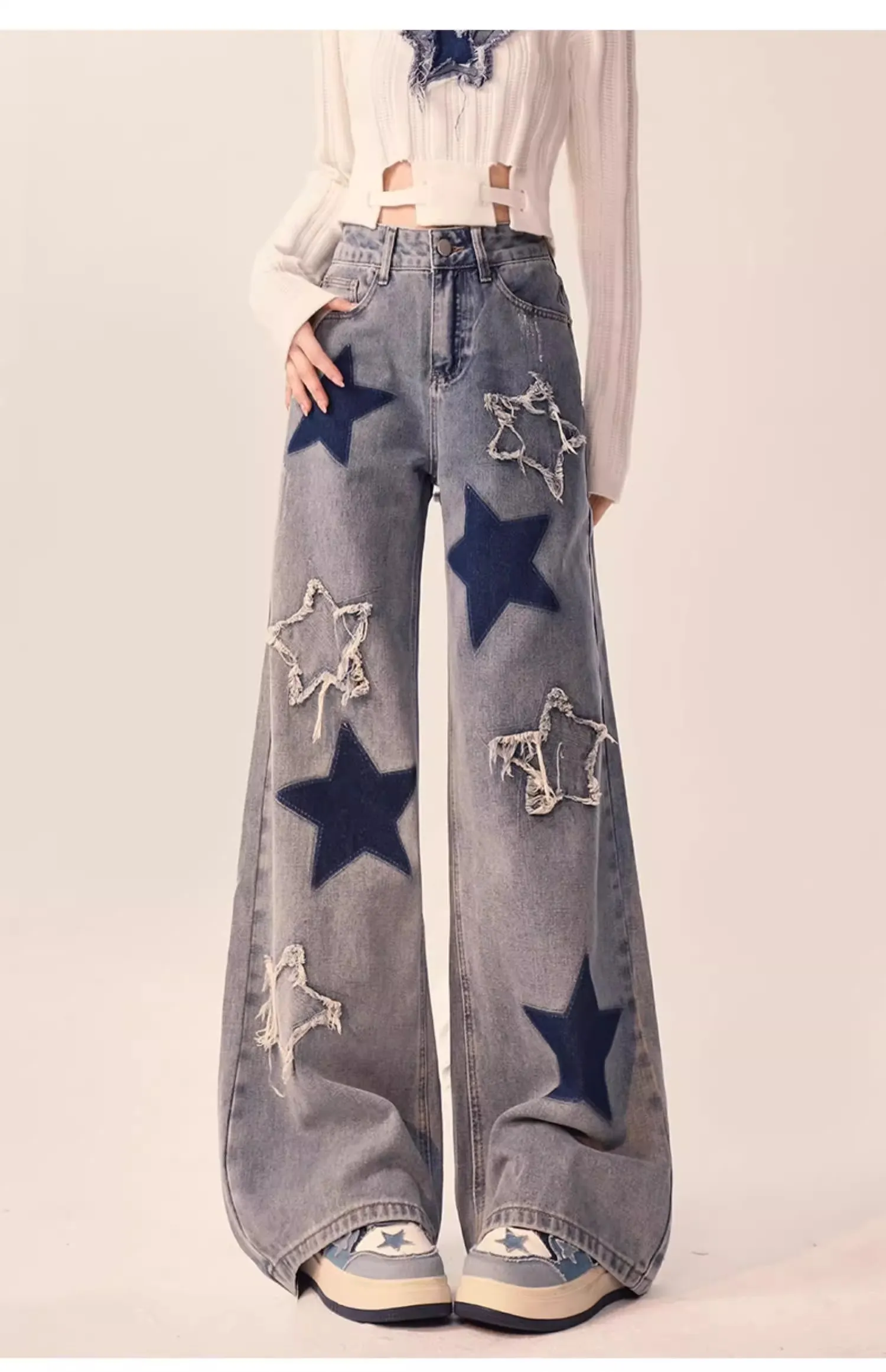 American Star Embroidery Women's Denim Trousers: Y2K High Street Casual Loose Straight Leg Pants - true deals club