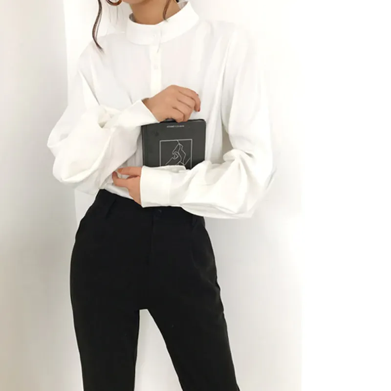 Maxct Lantern Sleeve Blouse Women Spring Fashion Single Breasted Stand Collar Shirts Female Office Work Blouse Solid White Tops