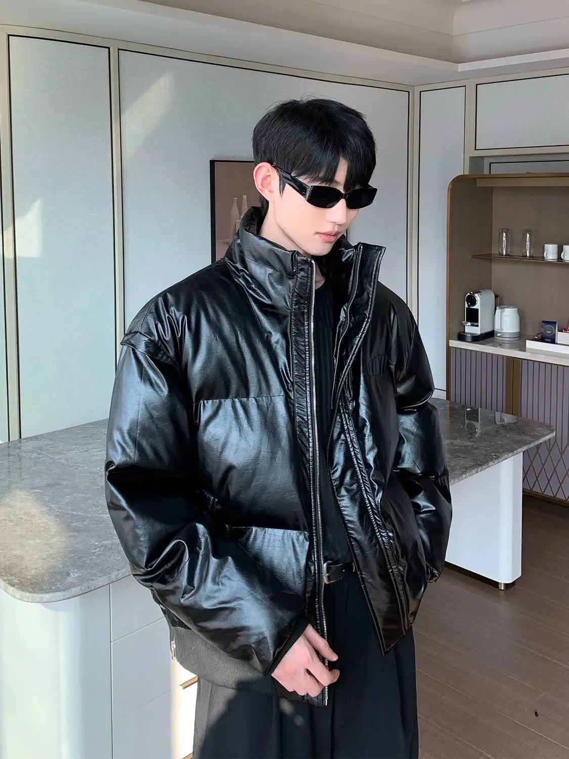 Maxct Cotton-filled Stand-up PU Leather Jacket