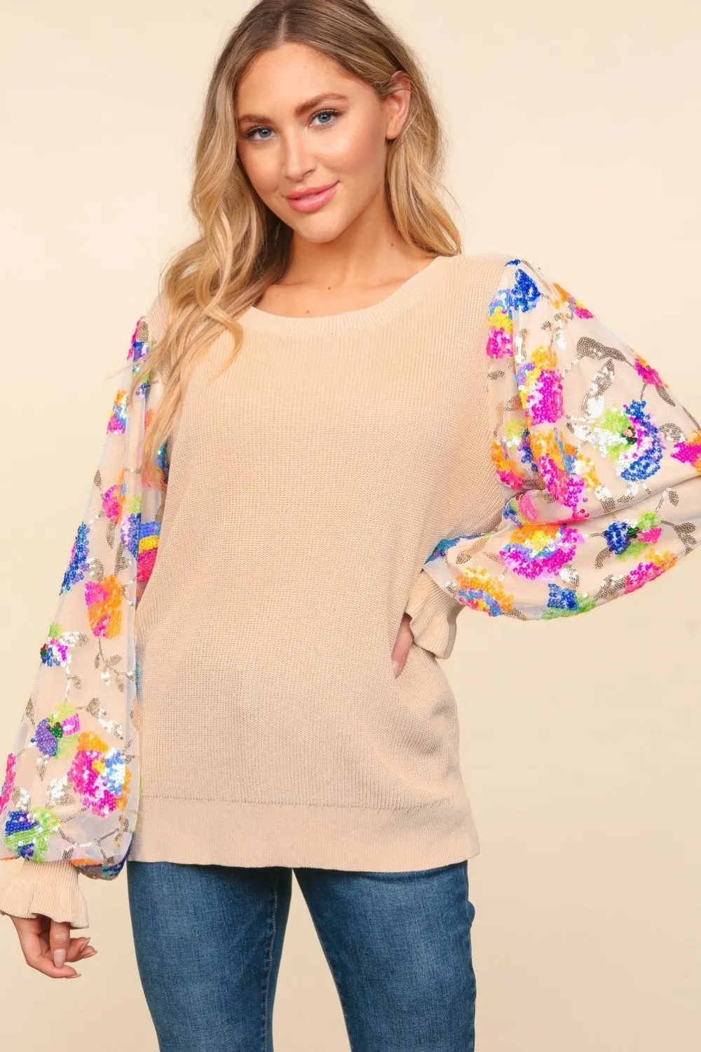 Maxct &Haptics Floral Sequins Mesh Flounce Sleeve Sweater