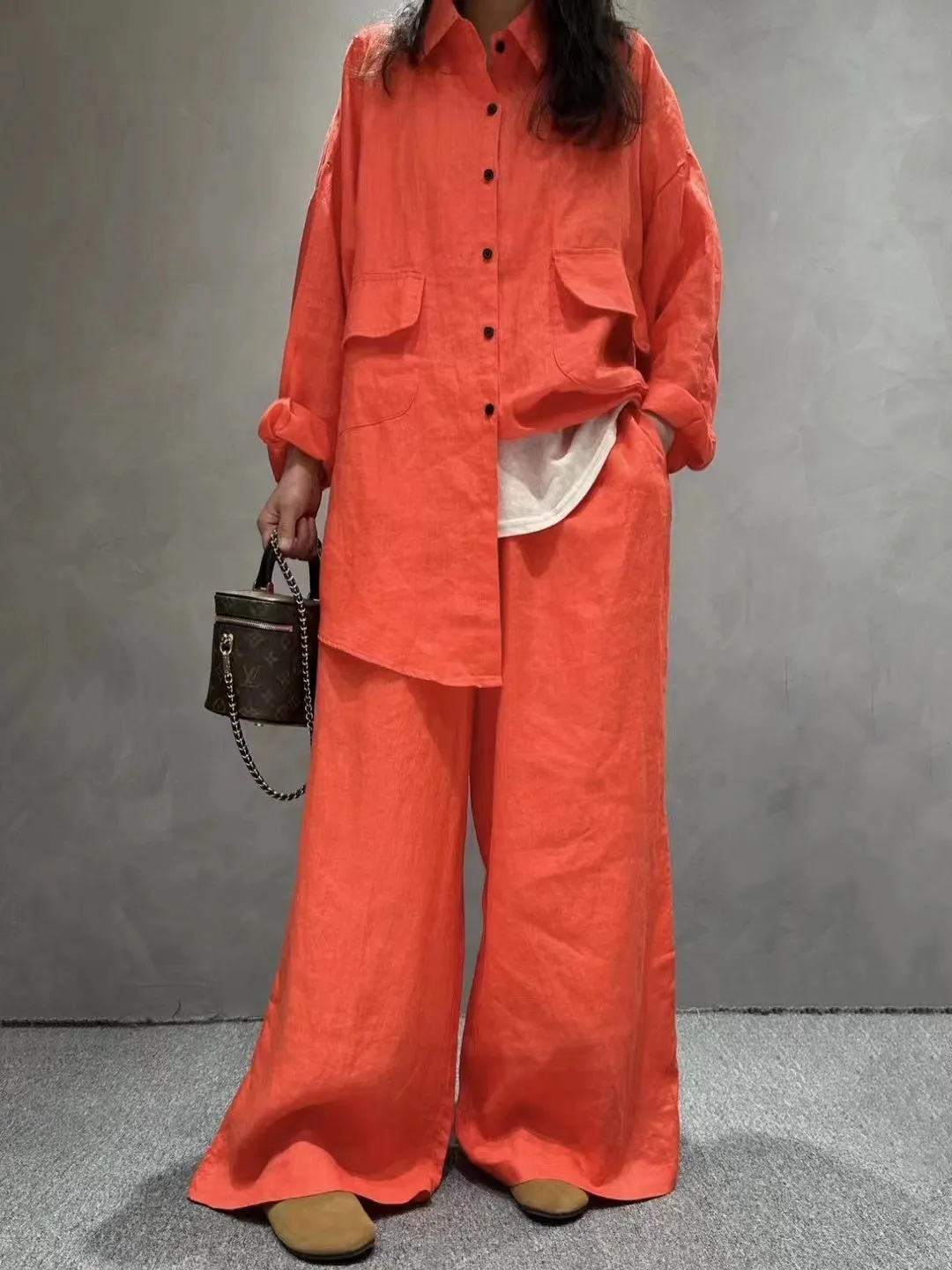 Maxct Linen Loose Shirt &Wide-Leg Pants 2-Pieces Suit