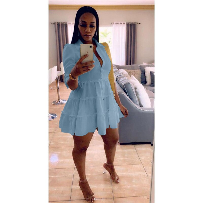 Solid Ruffles Shirt Dress Women Streetwear Half Sleeve Buttons Up High Waist Mini Dress Summer Casual Party Dresses