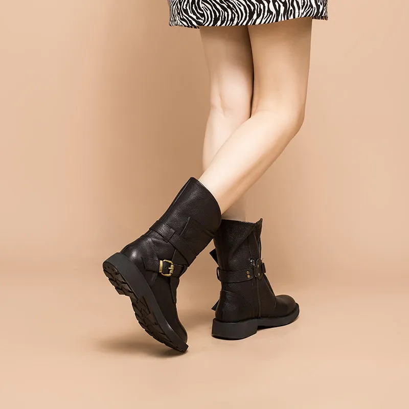 Womens Retro Mid Calf Boots for Winter Buckles Boots Coffee/Brown/Black Maxct