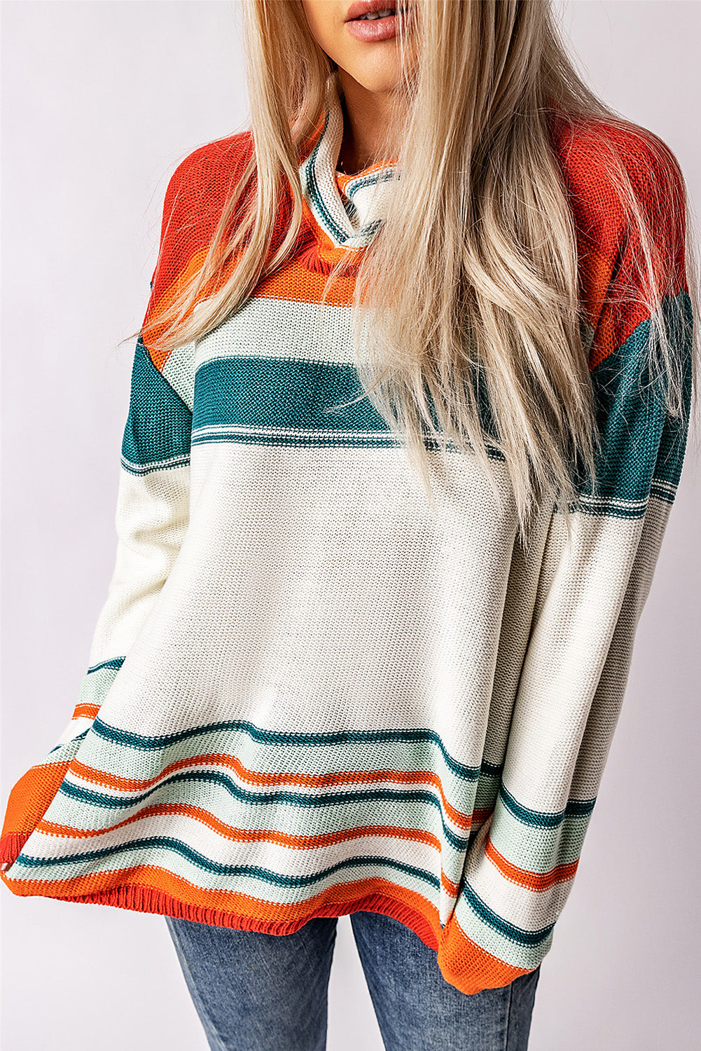 Maxct &Contrast Striped Turtleneck Dropped Shoulder Sweater