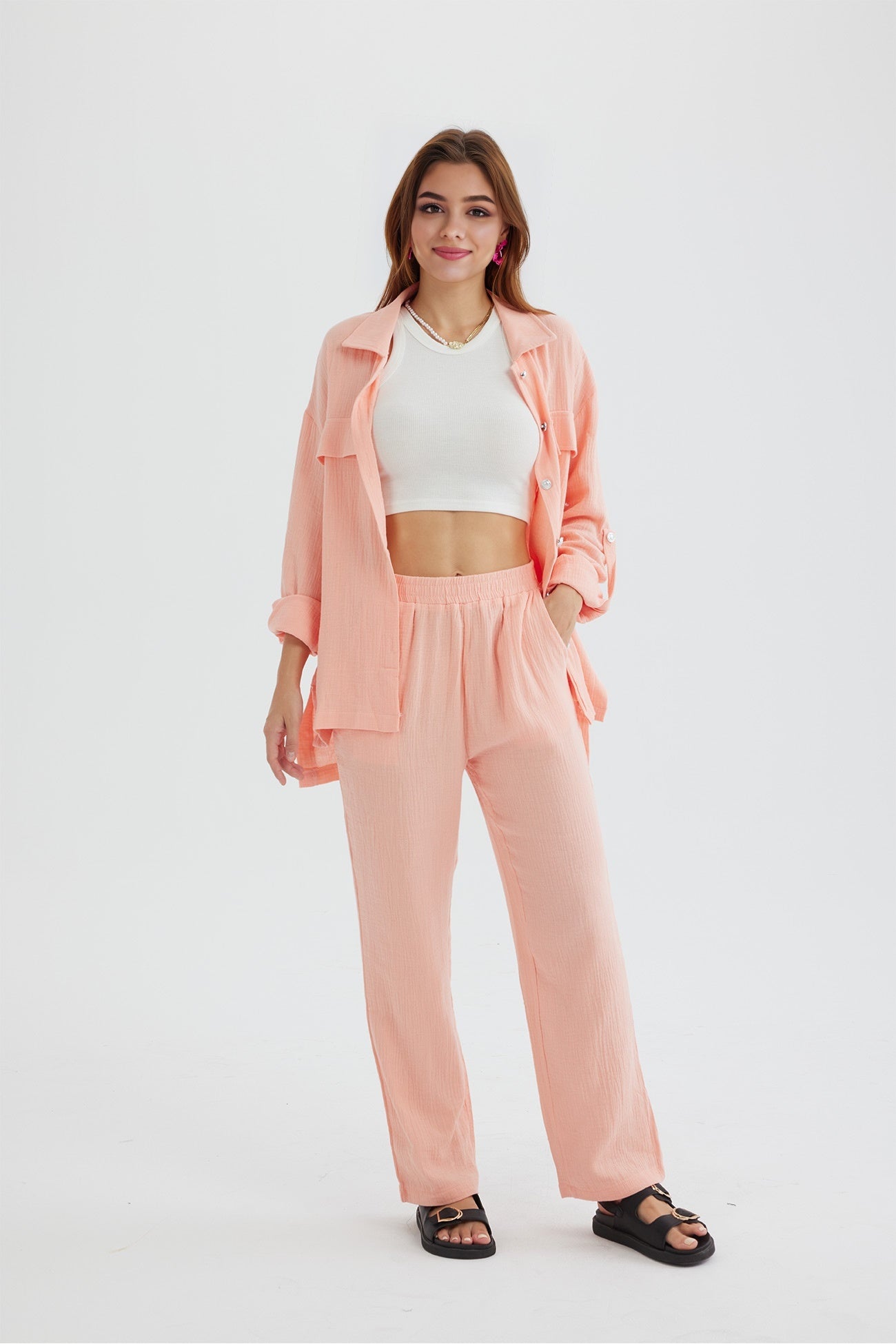 Maxct Long Sleeve Pocketed Slit Shirt Long Pants Suits