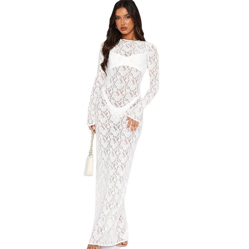 Maxct Foreign Trade New Hot Women's Sexy Hollow Lace Pattern Perspective Slim Long Dress
