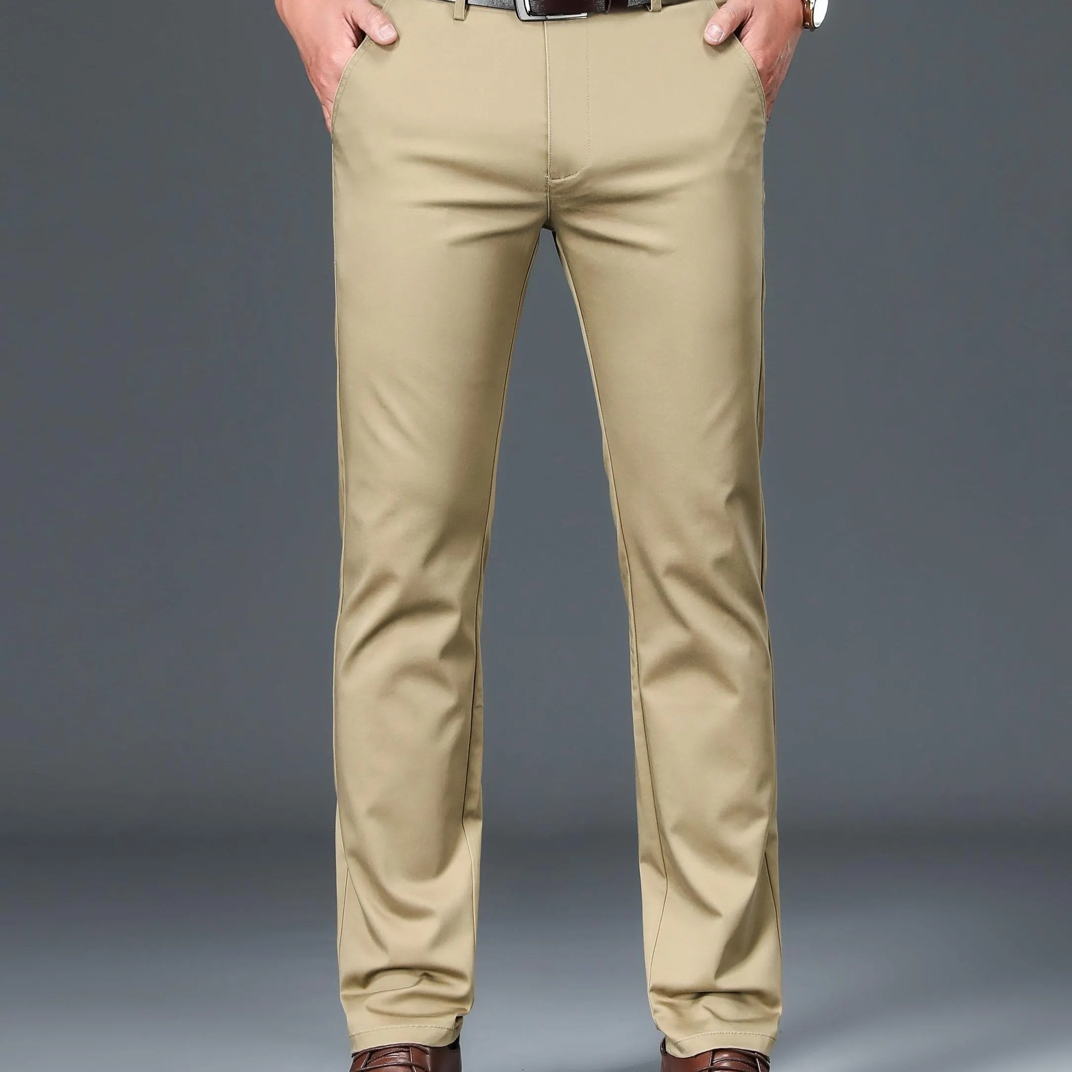 Maxct Classic Design Dress Pants, Men's Semi-formal Embroidery Stretch Dress Pants For Fall Winter Business
