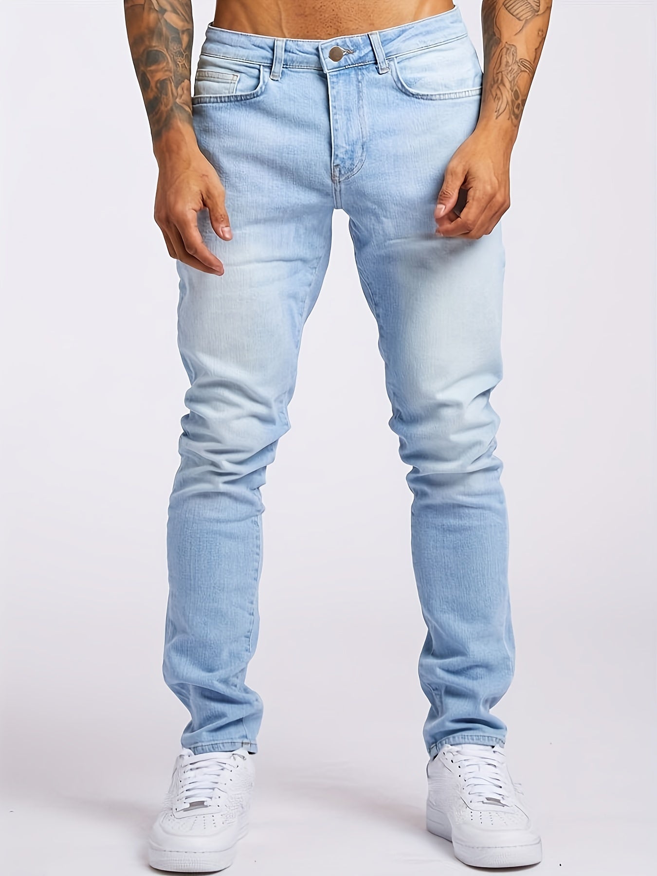 Maxct  Slim Fit Jeans, Men's Casual Street Style Solid Color Mid Stretch Denim Pants For Spring Summer
