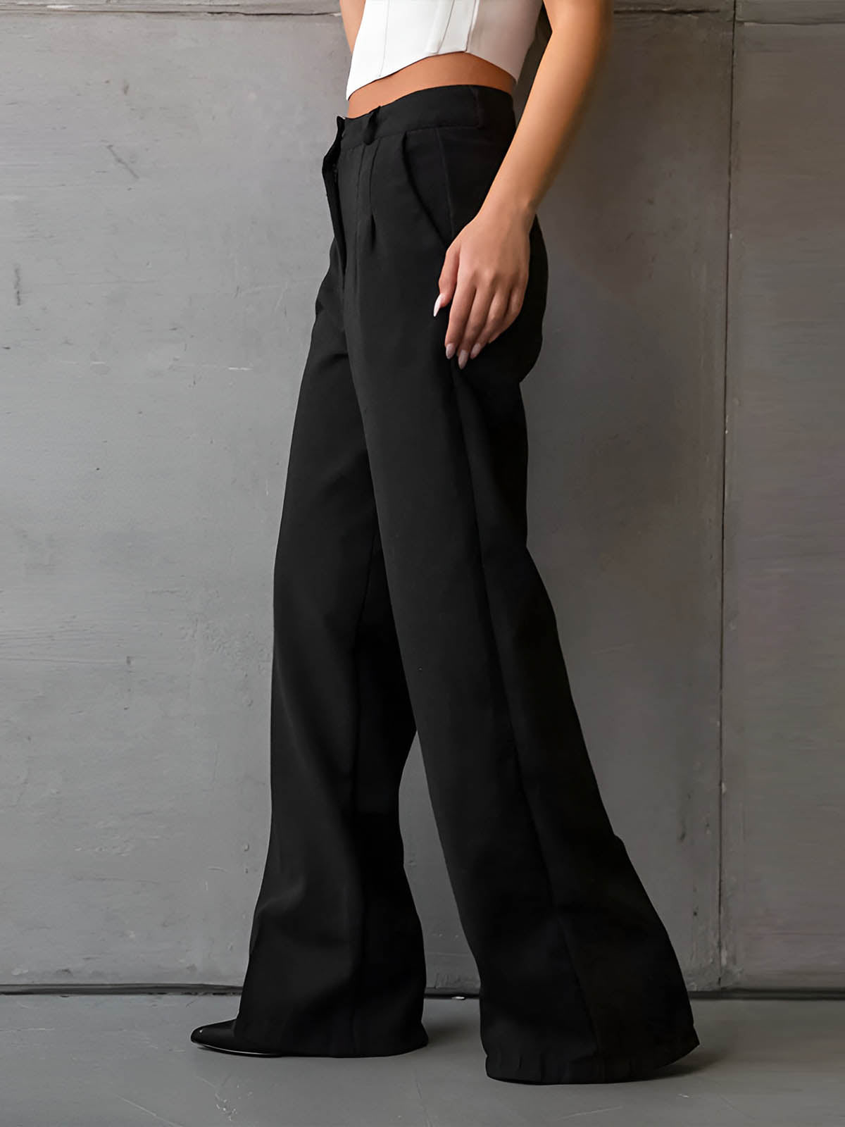 Maxct Solid Slant Pockets Flare Leg Long Pants