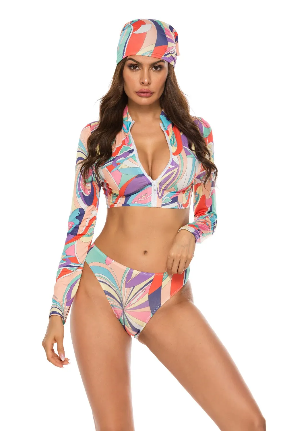 Maxct &Printed Zip Up Three-Piece Swim Set