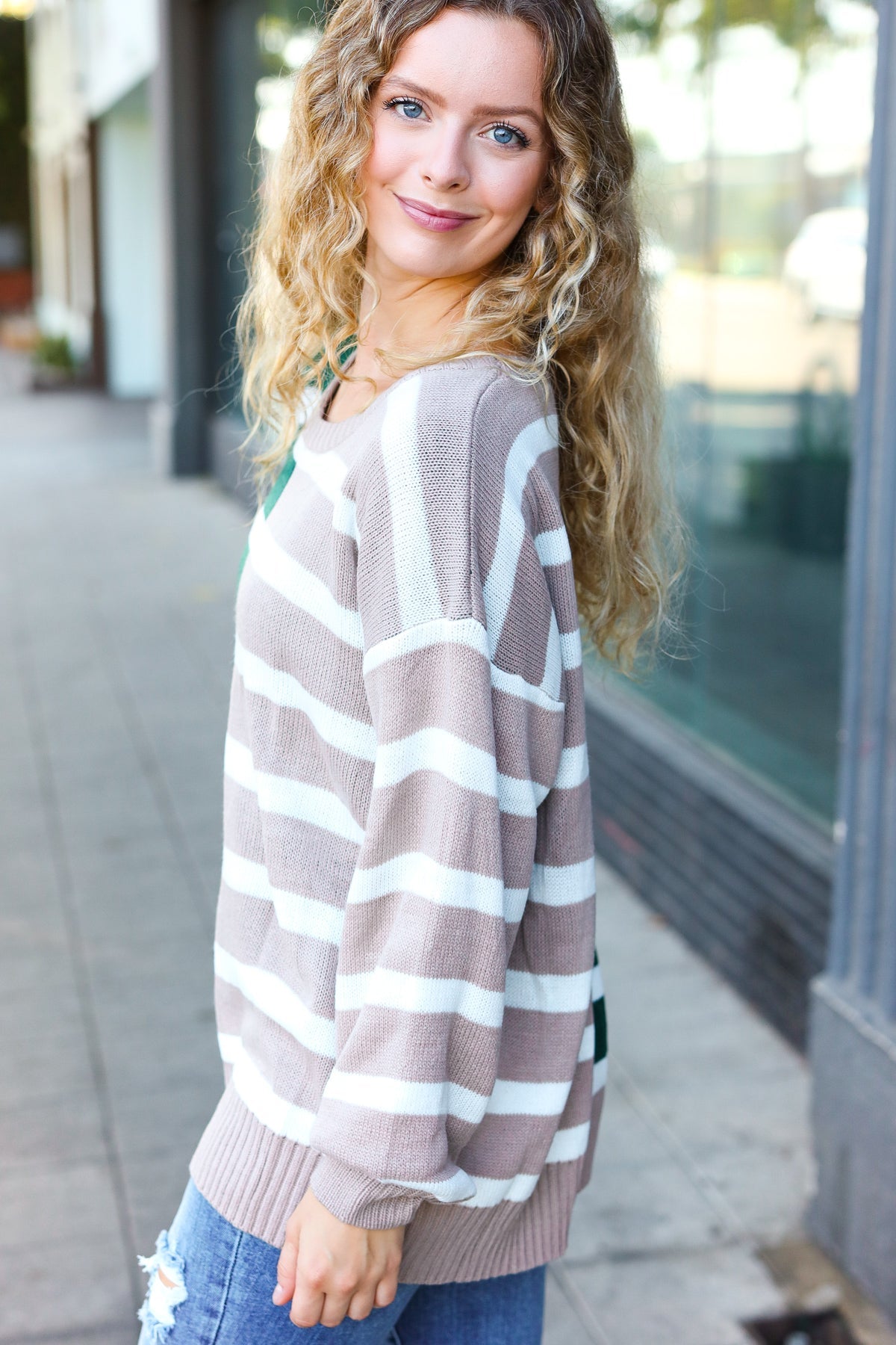 Maxct &Hunter Green & Taupe Striped Color Block Sweater - Image 3