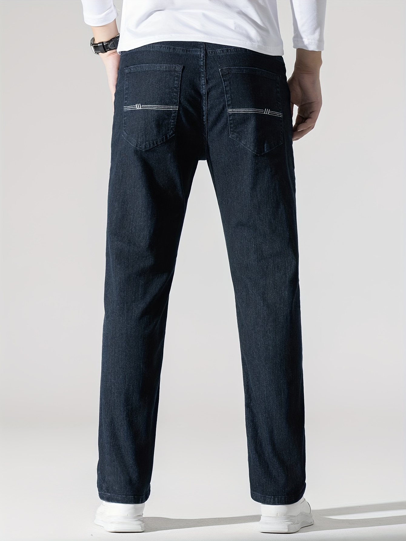 Men's High Stretch Jeans For Business, Slim Fit Denim Pants With Pockets For Spring Fall