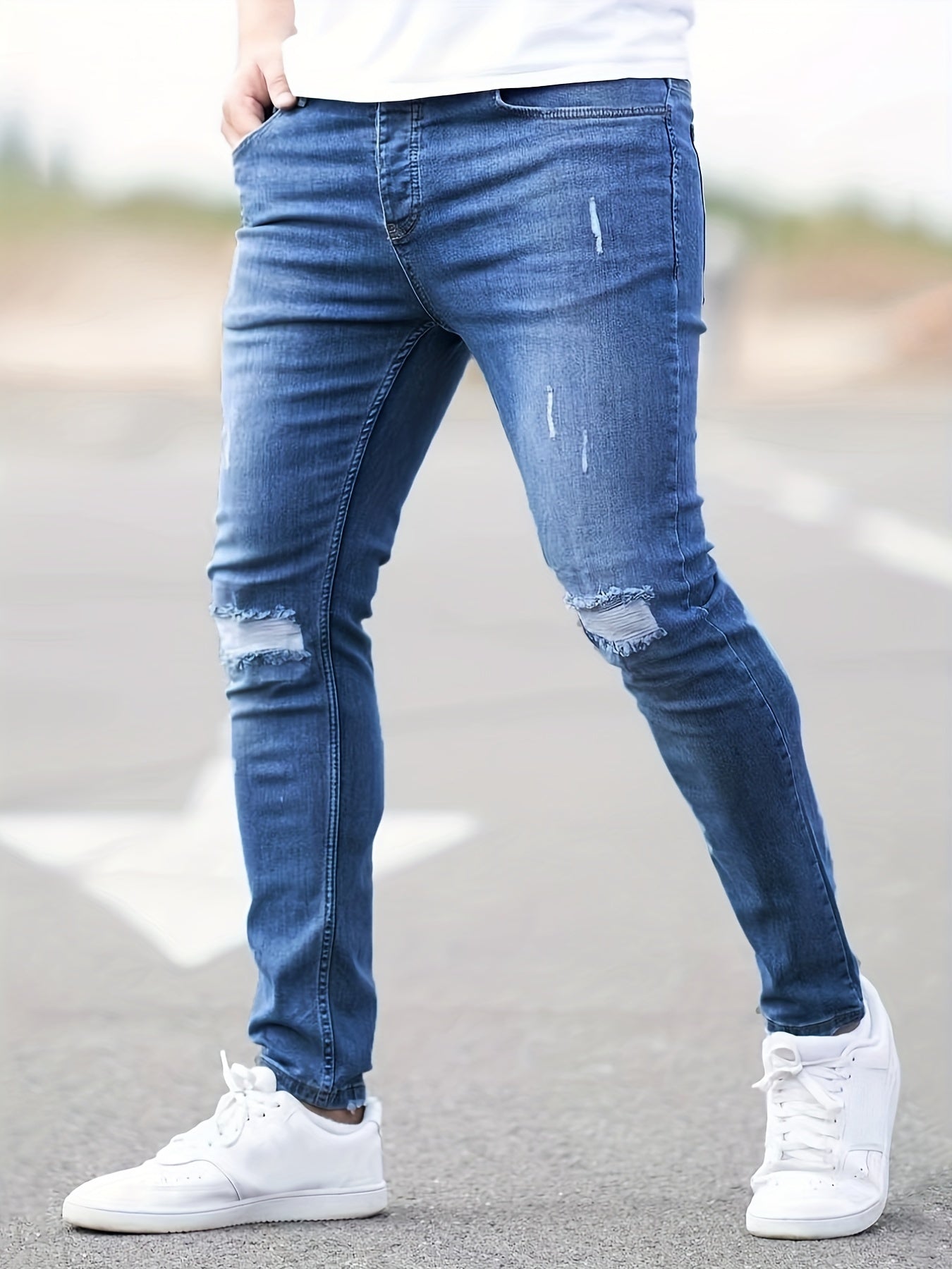 Maxct  Slim Fit Ripped Jeans, Men's Casual Street Style Distressed Mid Stretch Denim Pants For Spring Summer