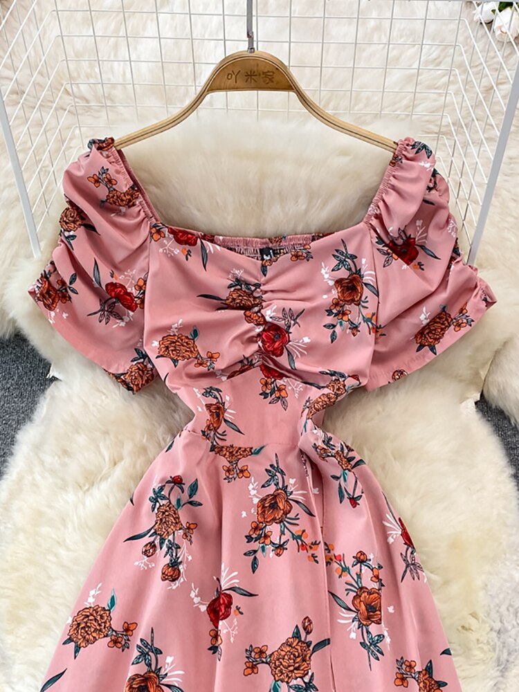 Vintage Women Printed Dresss Sexy Square Collar Short Puff Sleeve High Waist A-Line Vacation Beach Vestidos Female New