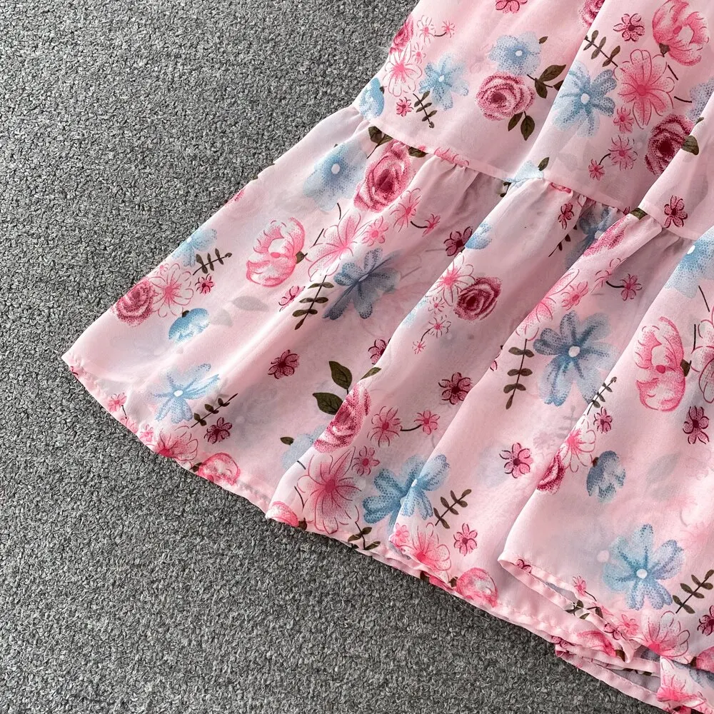 Floral Midi Dress Women Elegant V-Neck Lantern Long Sleeve High Waist Draped A-Line Casual Vestidos Female Spring Autumn