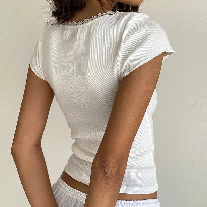 Maxct Kawaii Lace Trim T-shirt Chic Vintage Short Sleeve Rib Knitted Tees Shirt Elegant Women Fairy Cottage Y2K Crop Tops Clothes
