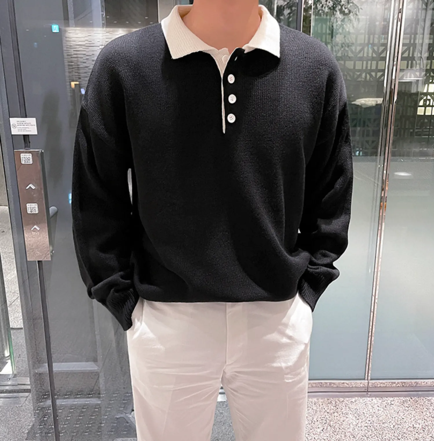Maxct 5517 Knitted Two-Tone Quarter Button-Up Sweater