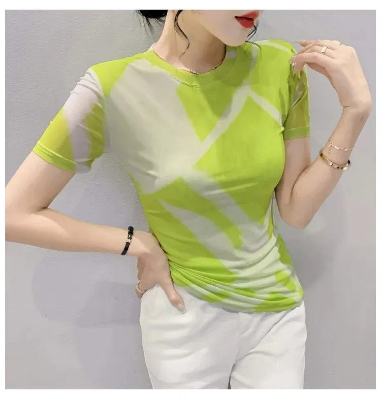 Maxct Fashion Printing Long-Sleeved Round Neck T-shirt Women Contrast Color Slim Double-Layer Mesh Tees Tops