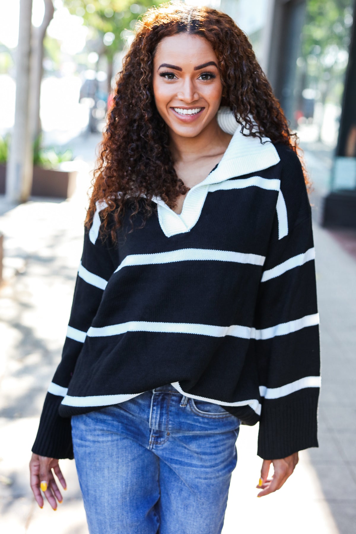 Maxct &Fall For You Black Stripe Notched Neck Collared Oversized Sweater