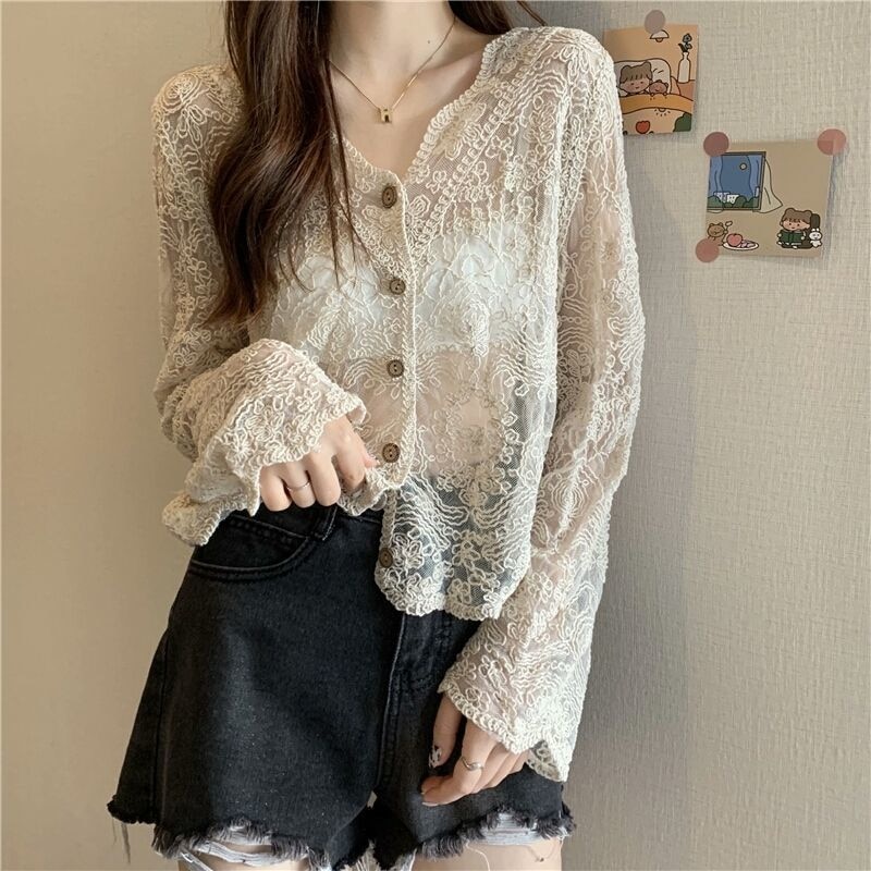 See Through Shirt Women Lace Blouse Summer Sun-Proof Sweet Sheer Tops Preppy V-Neck Casual Trendy Harajuku Basic Korean Blouse