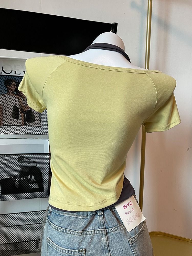 Retro Millennial Fake Two Letter Printed T-Shirt Women Y2K Streetwear Hot Girls Slim Korean Fashion Street Trend Casual Tops