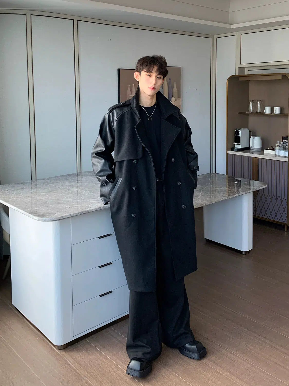 Maxct PU Leather Patchwork Wool Trench Coat