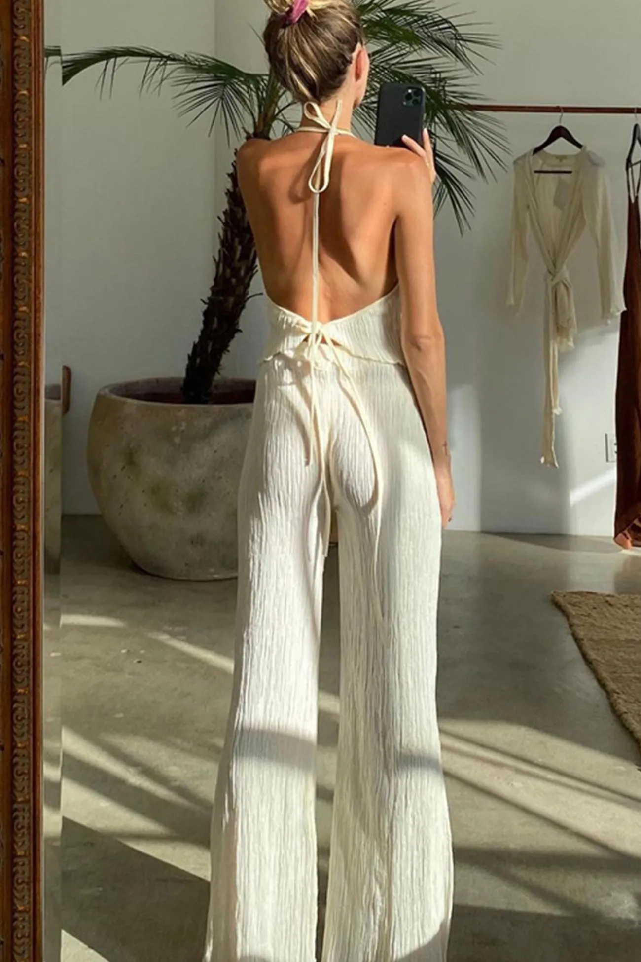 Maxct Pleated Tie-back Vest High Waist Slit Long Pants Set