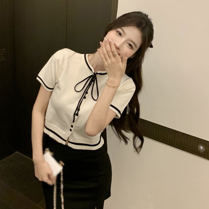 Maxct Knitted Short-sleeved Tops Crew Neck Casual Female Tee Short Coat Single-breasted Streetwear Top