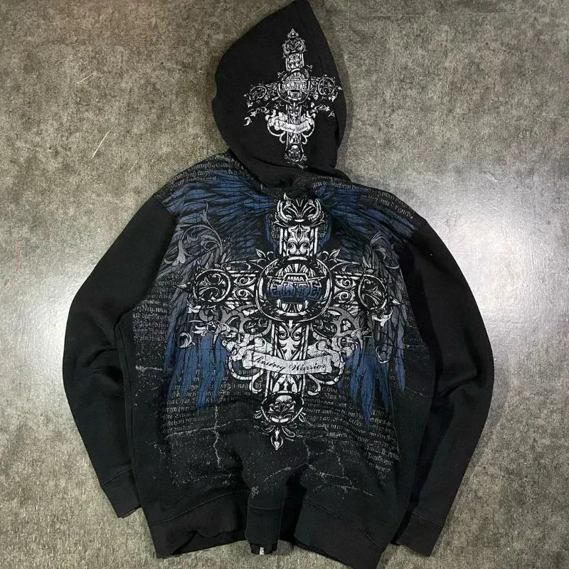 Maxct 90s Streetwear Woman Embroidery Goth Hoodies Autumn Winter Zip Up Long Sleeve Loose Jacket Coats Y2k Harajuku Casual Oversized Sweatshirts
