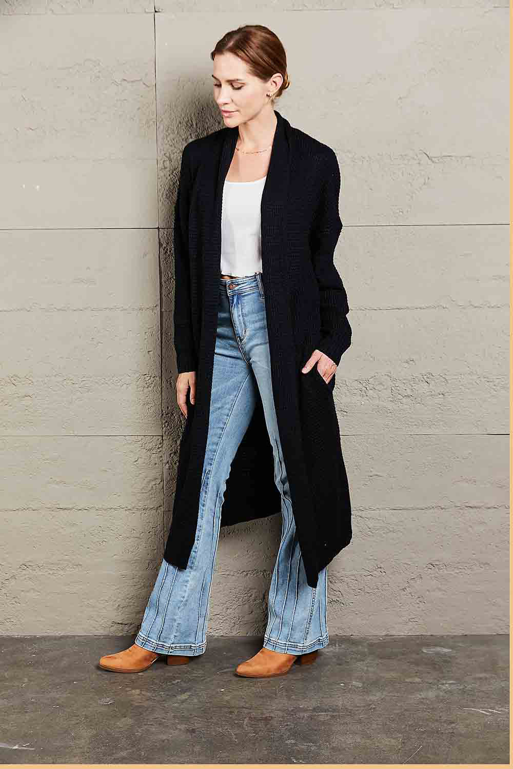 Maxct &Double Take Waffle Knit Open Front Duster Cardigan With Pockets