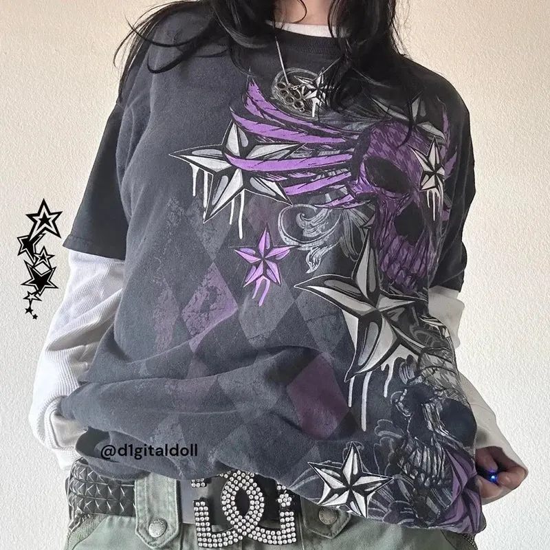 Maxct Japanese Edgy 00s Retro Gothic Emo T-shirt Cyber Y2K Grunge Mall Goth Top Patchwork Full Sleeve Baggy Pullovers Tees