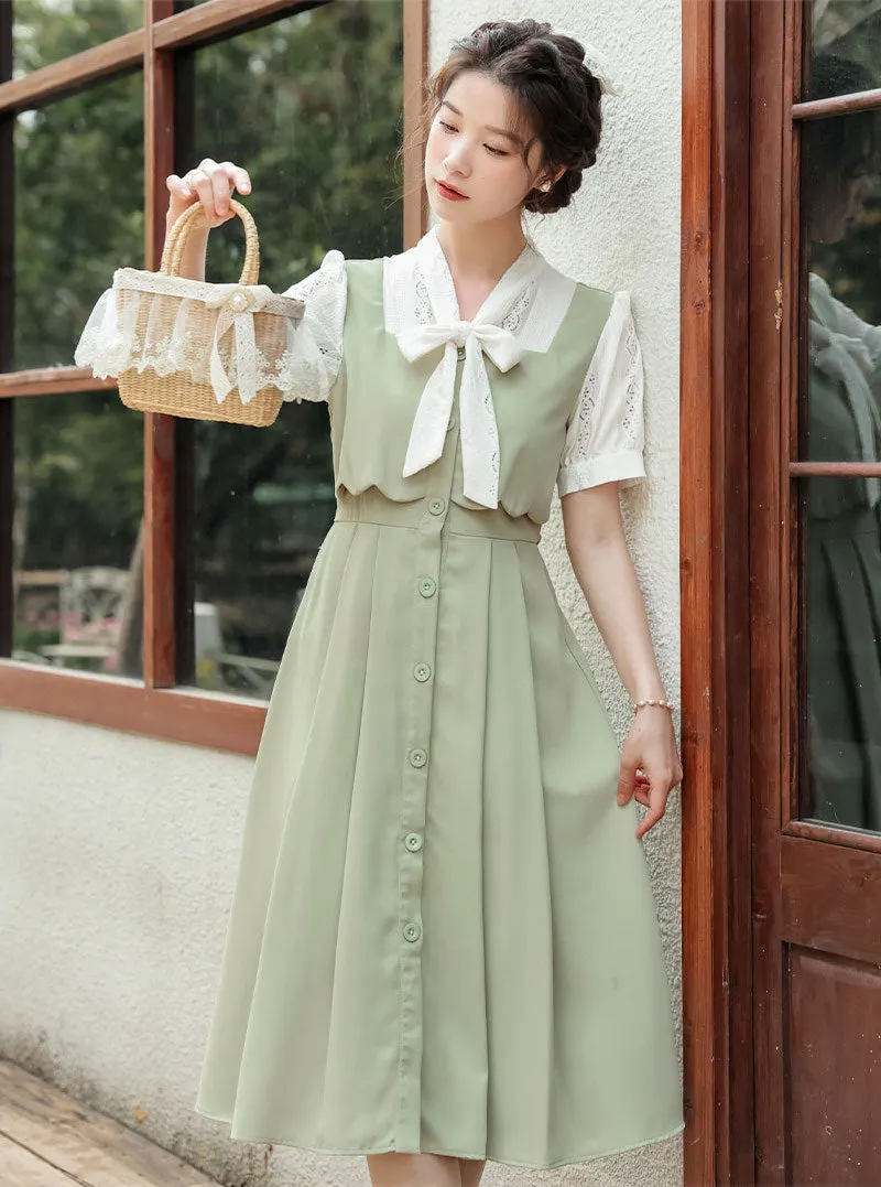 Button Up Tie Neck Twofer Midi Dress Maxct