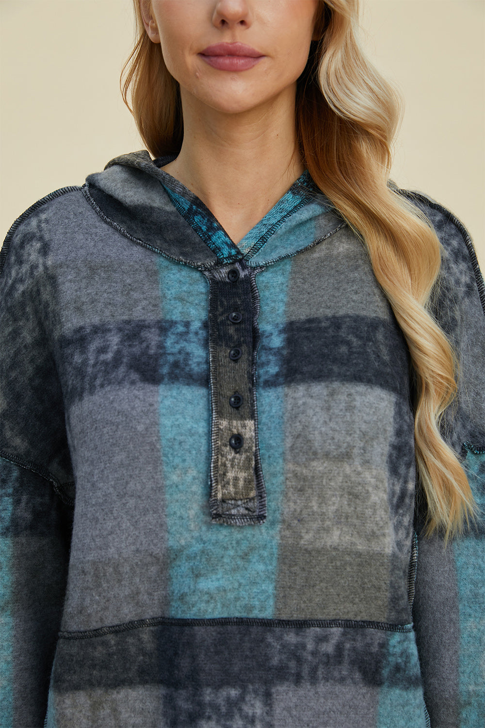 Maxct &Double Take Full Size Plaid Dropped Shoulder Fleece Hoodie