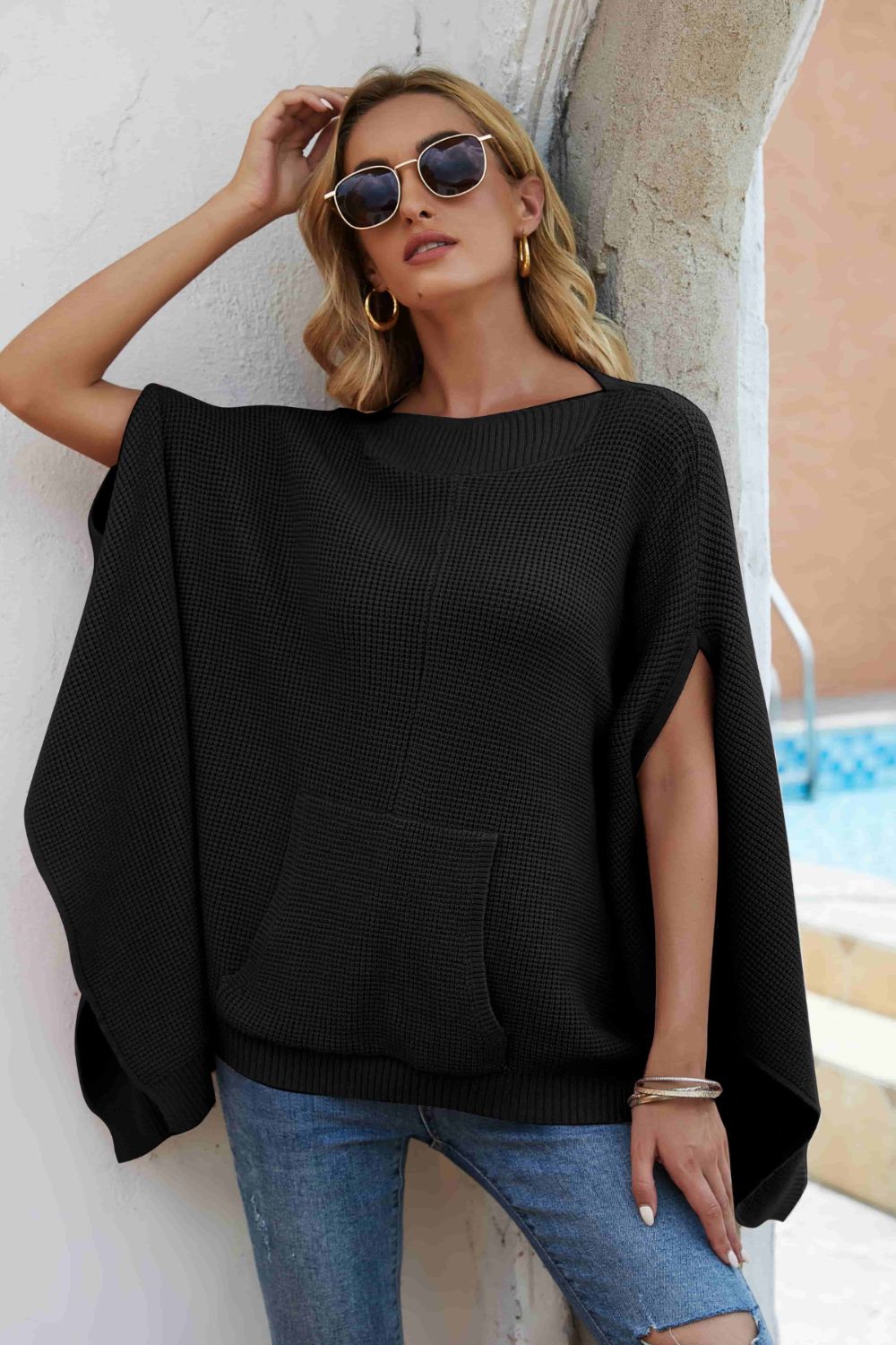 Maxct &Double Take Waffle-Knit Cloak Sleeve Pocket Sweater
