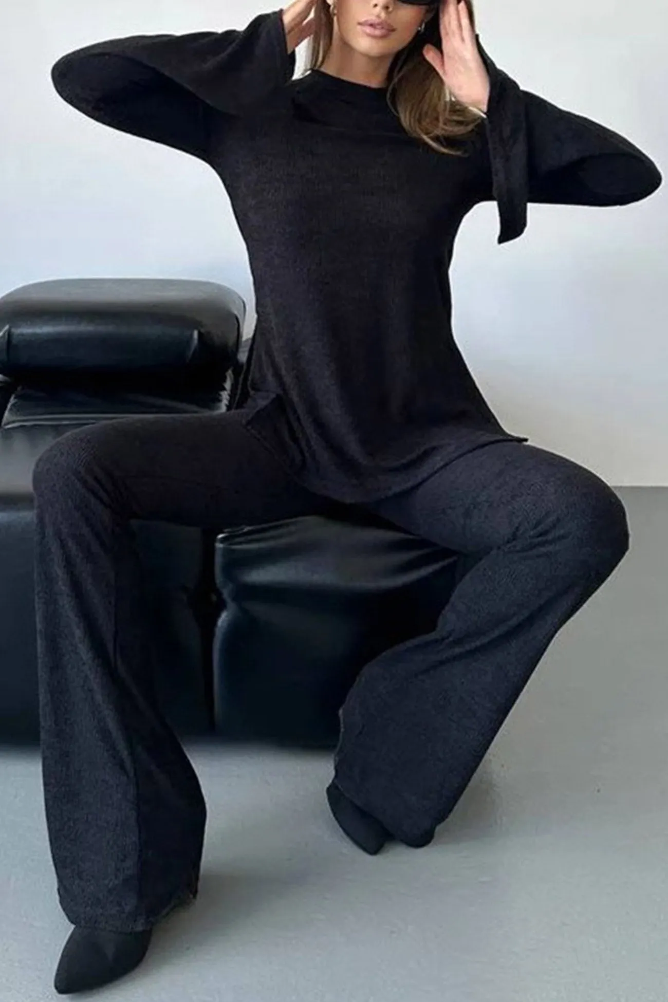 Maxct Solid Flare Sleeve Knit Tops Long Pants Set