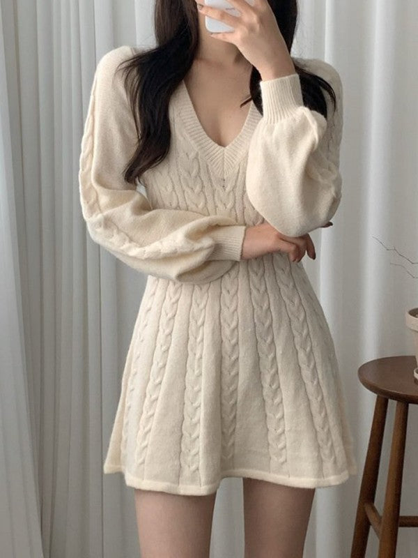 V Neck Cable Knit Long Sleeve Mini Dress Maxct