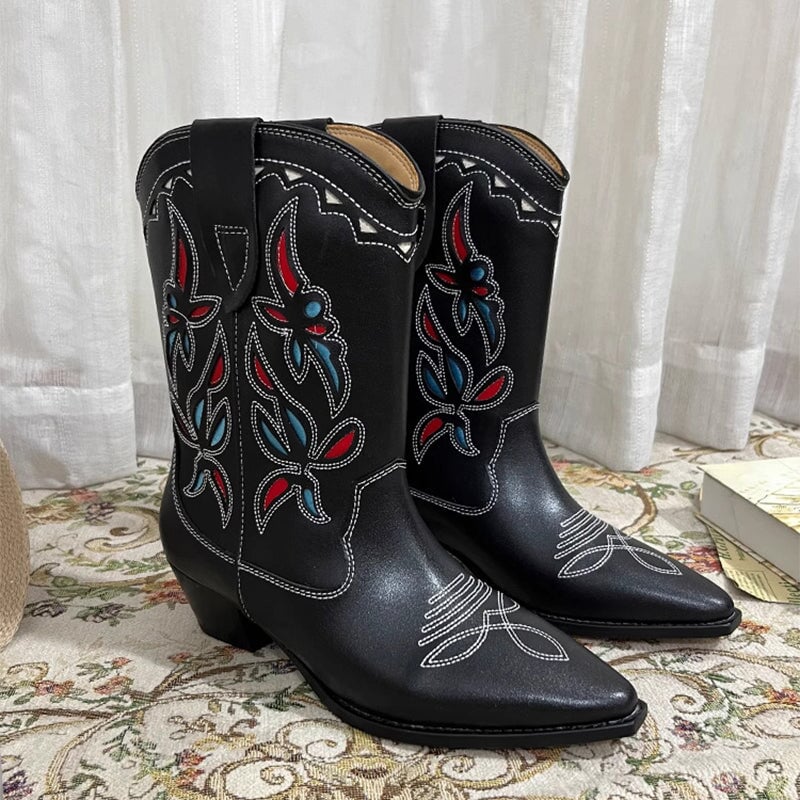 Womens Western Boots Block Heel Cut-Out Cowboy Boots All Genuine Leather Maxct