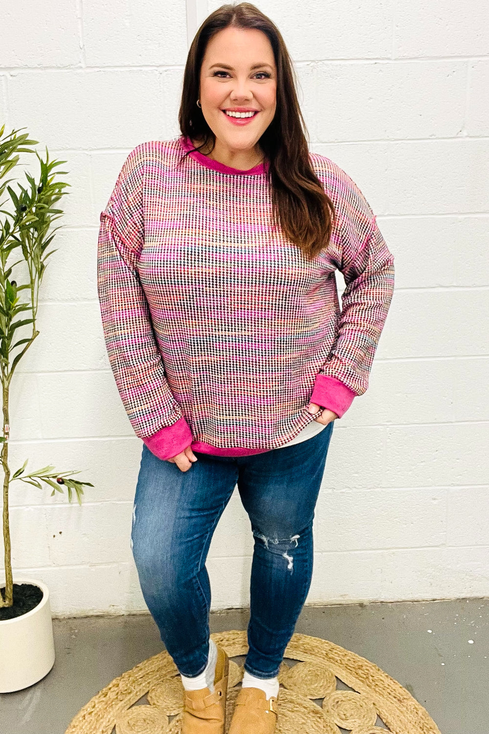 Maxct &Bring Joy Magenta Multicolor Textured Waffle Knit Sweater
