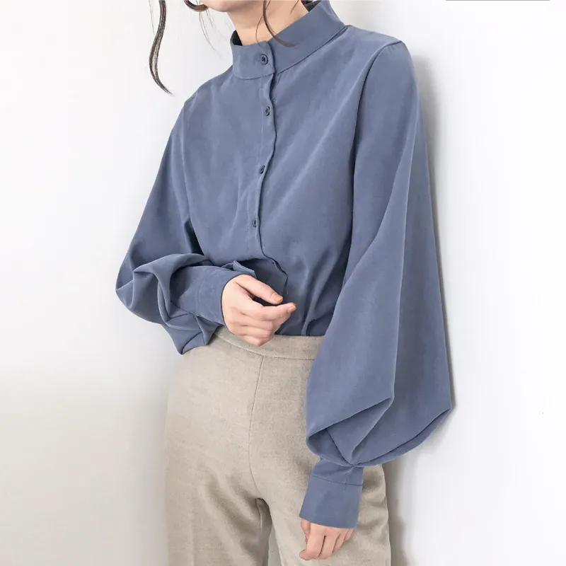 Maxct Lantern Sleeve Blouse Women Spring Fashion Single Breasted Stand Collar Shirts Female Office Work Blouse Solid White Tops