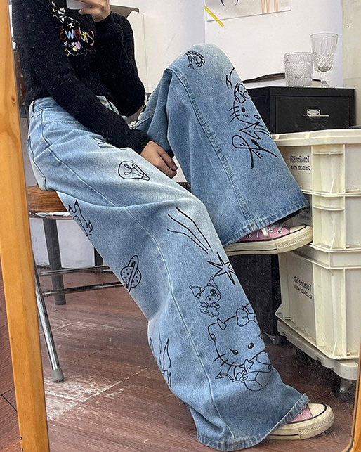 Grunge Aesthetic Cat Jeans in Blue Maxct
