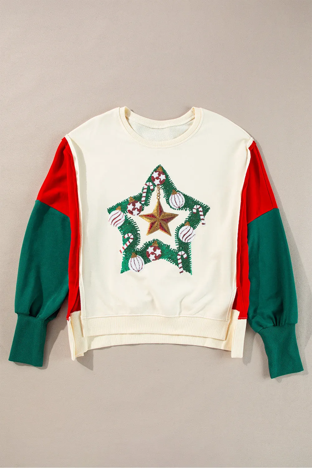 Maxct &Color Block Star Side Slit Lantern Sleeve Sweatshirt