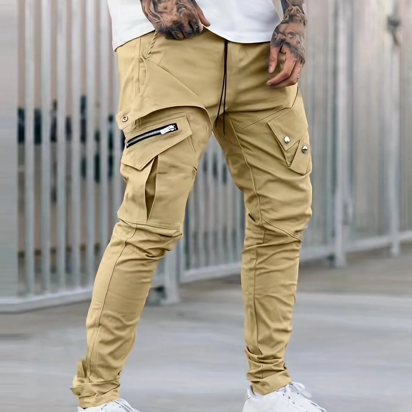 Maxct  Men's Drawstring Cargo Pants, Zip Pocket Slim Fit Trendy Outdoor Pants, Mens Work Pants, Tactical Pants
