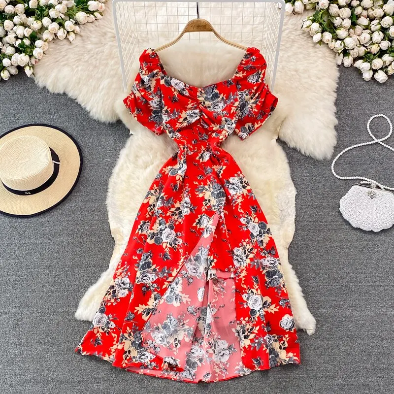 Maxct Vintage Women Printed Dresss Sexy Square Collar Short Puff Sleeve High Waist A-Line Vacation Beach Vestidos Female New
