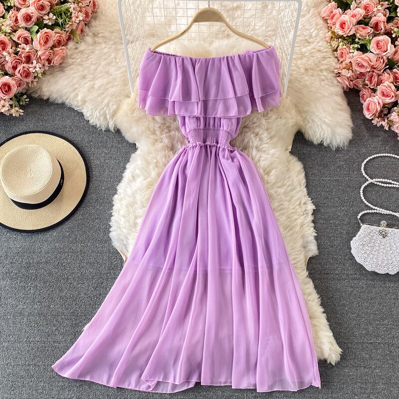 Chiffon Dress Women Sexy Slash Neck Ruffle Robe Elegant Ruffle High Waist Vestidos Female Beach Vacation New