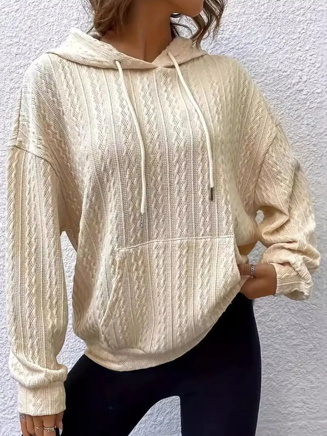 Maxct &Drawstring Texture Long Sleeve Hoodie