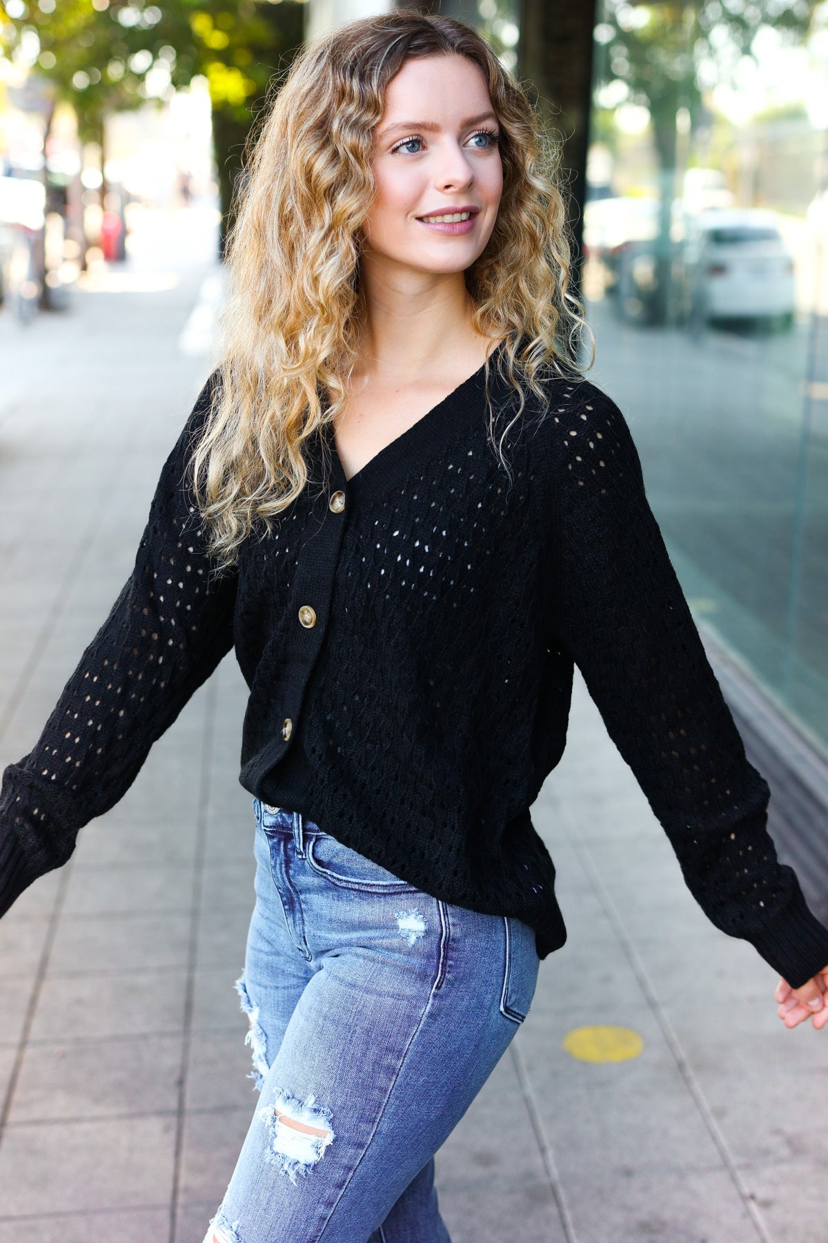 Maxct &Follow Me Black Pointelle Knit Button Down Cardigan