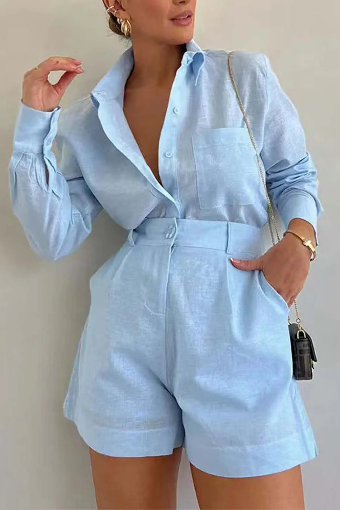 Maxct Solid Color Shorts Long Sleeve Shirt Suit
